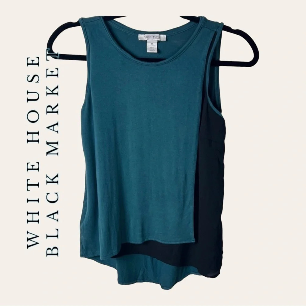 0886. WHITE HOUSE BLACK MARKET BLOUSE SLEEVELESS TEAL AND BLACK IN COLOR